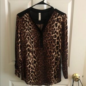 PerSeption Concept Brown and Cream Leopard Print V-Neck Blouse